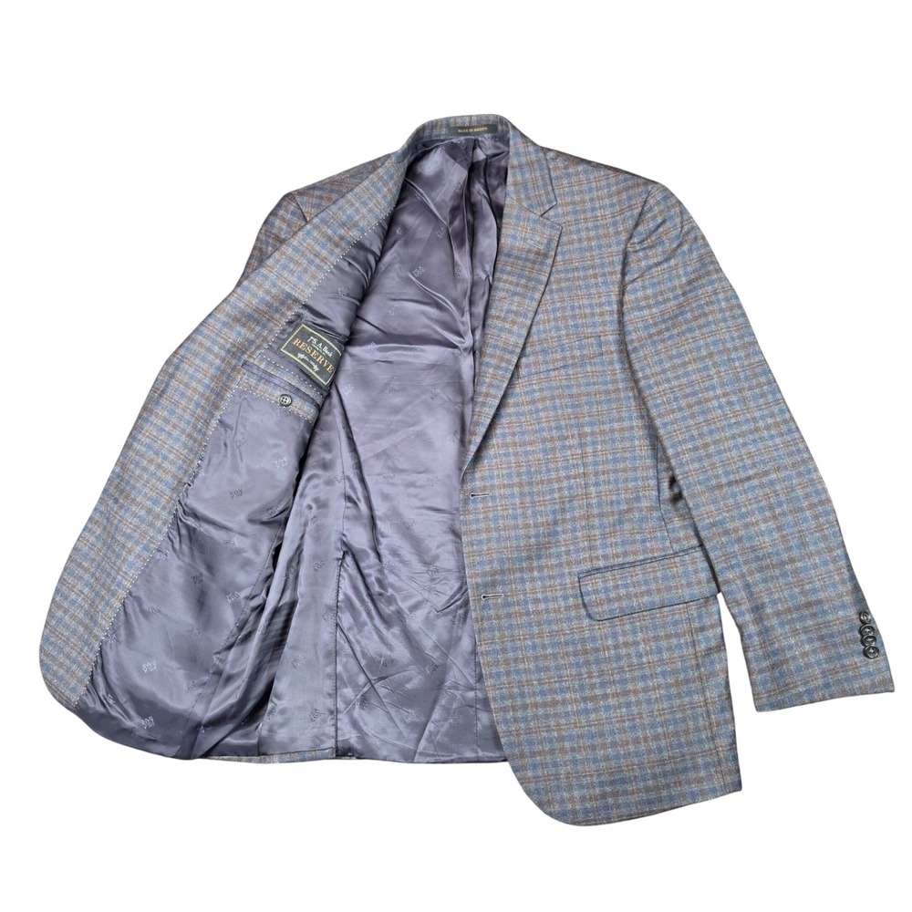 Jos A Bank Reserve Blazer Blue Brown Plaid Mens 42R ETHOMAS Wool Cashmere Coat